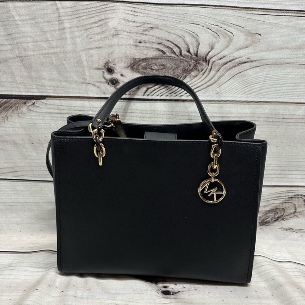 Michael Kors Sophia Shoulder Bag Purse Satchel Black Gold Saffiano Leather Large - Picture 5 of 16